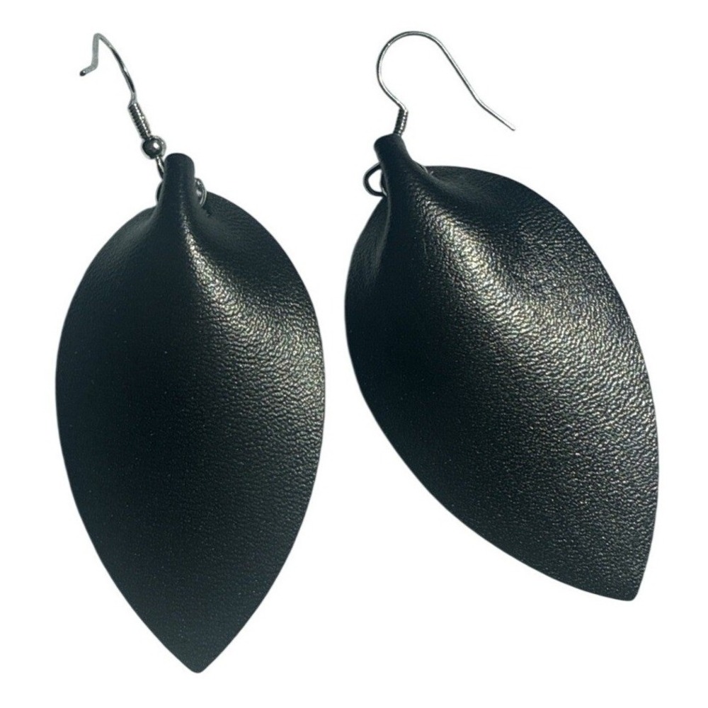 Leather Tear Drop Earrings 2.5" Black